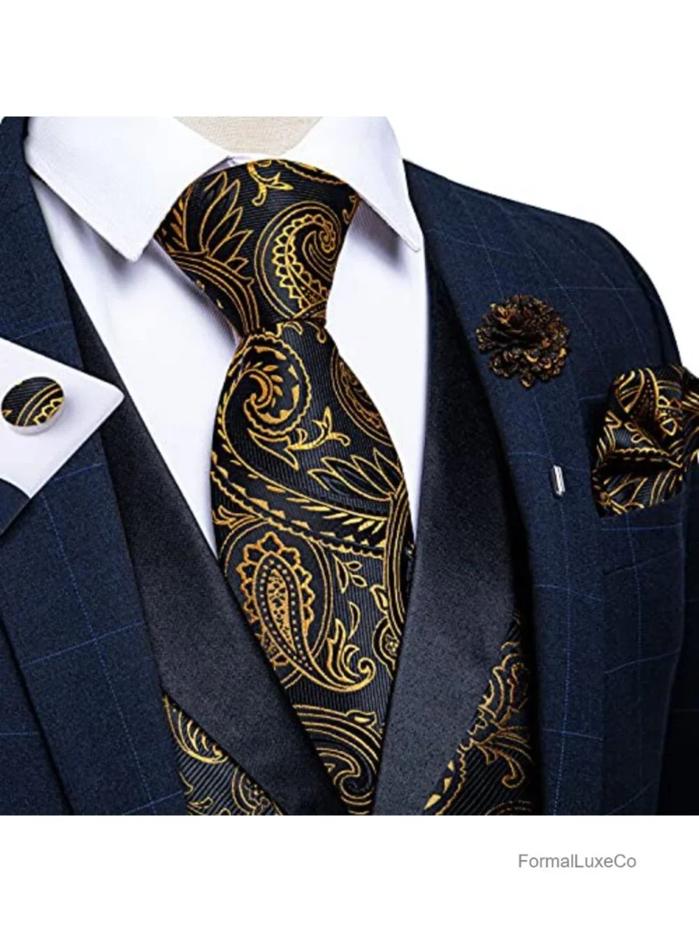 Mens Paisley Suit Vest Set 7 Piece Silk Jacquard Shawl Collar Formal Wedding